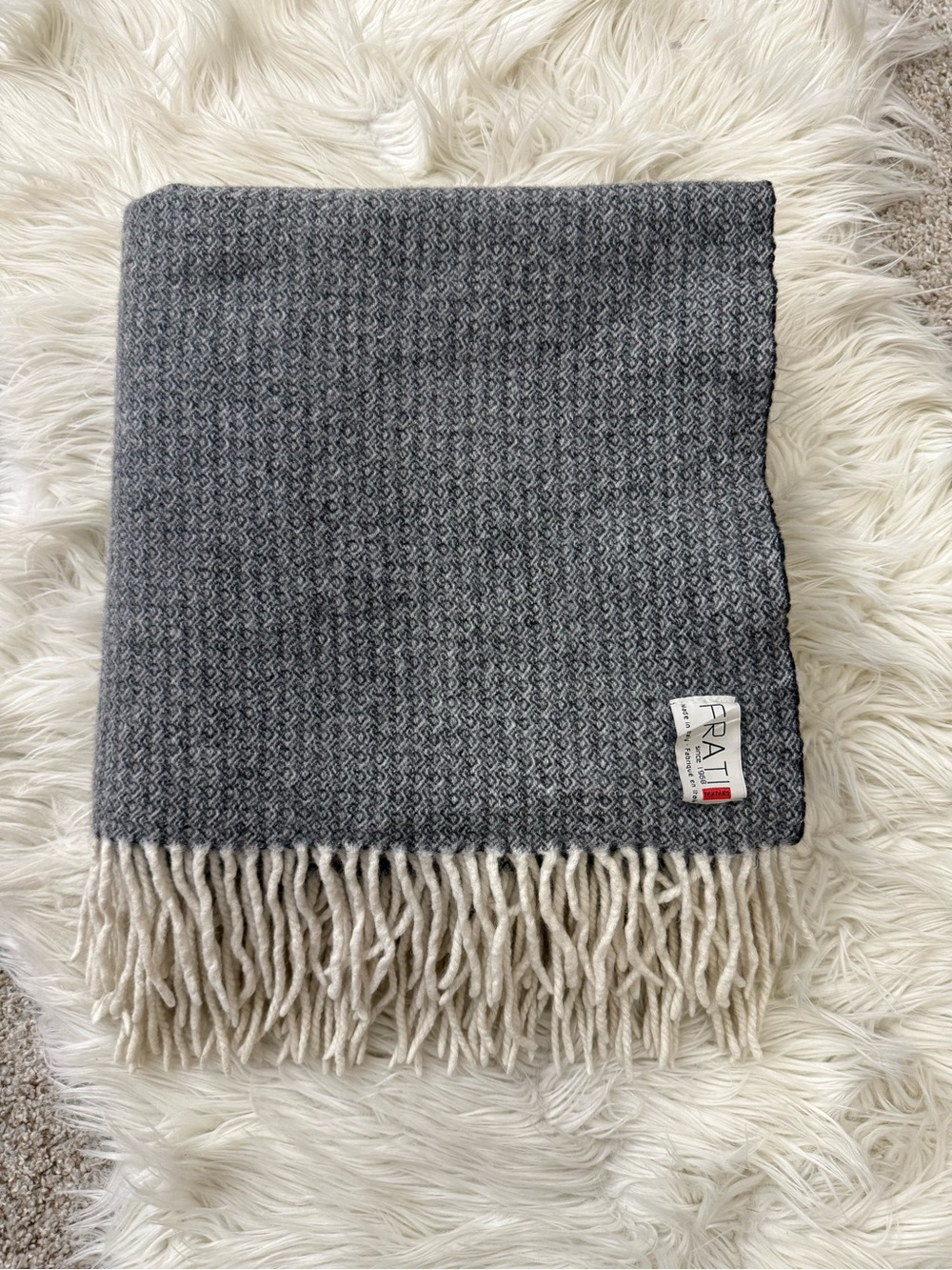 FRATI Italian Wool-Blend Gray Throw Cream Fringe 48”x53”